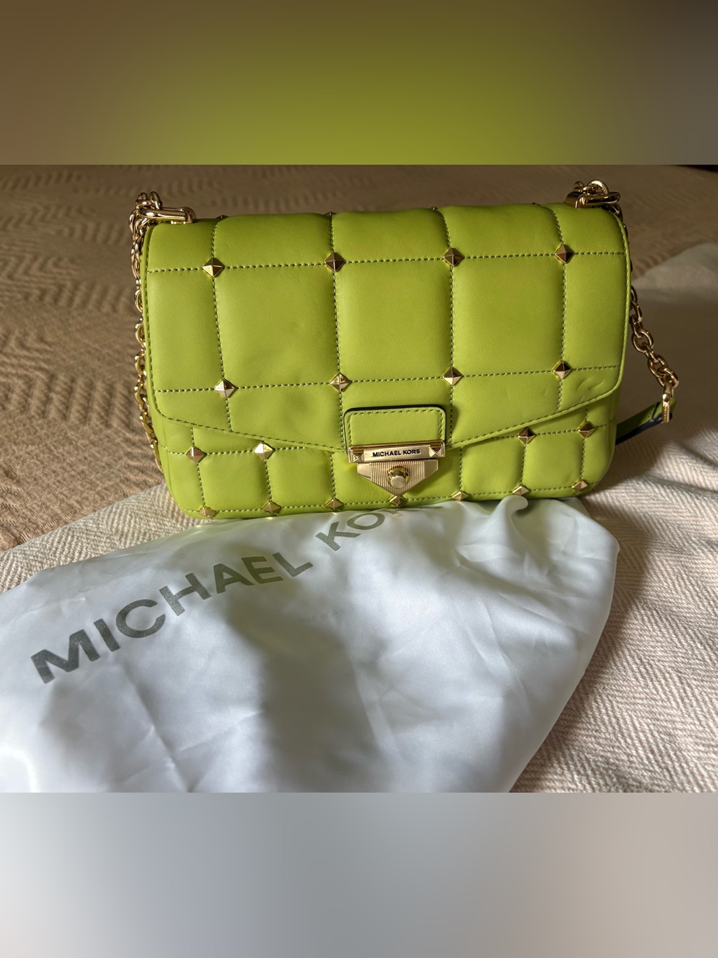 Michael Kors Lime Green Soho Quilted Studded Crossbody Bag